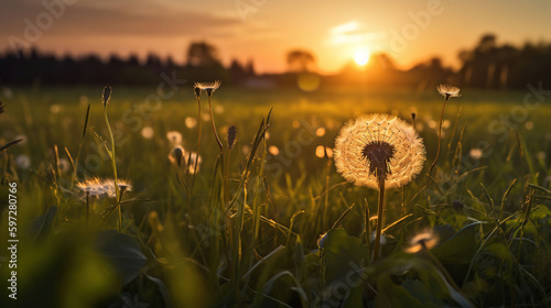 Dandelion In Field At Sunset - Freedom to Wish, generative ai