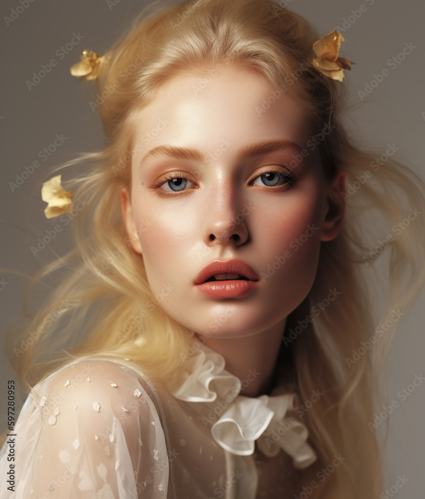 Young beautiful blonde woman in white lace dress. AI generated image. Young beautiful blonde woman in white lace dress. AI generated image.