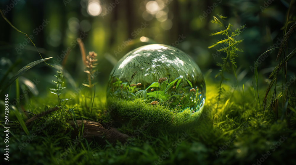 Glass Globe On Grass Moss In Forest - Green Planet With Abstract Defocused Bokeh Lights - Environmental Conservation Concept, generative ai