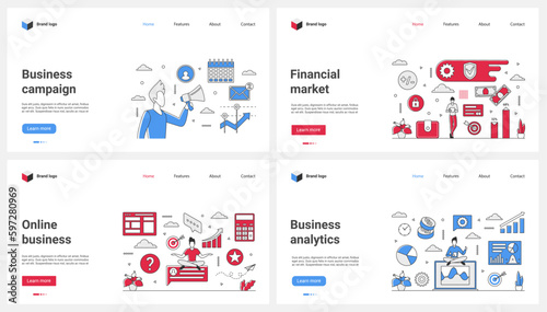 Business analytics of market, online campaign and strategy analysis thin line set vector illustration. Cartoon tiny people with megaphone advertising brand product, manage and analyze financial data