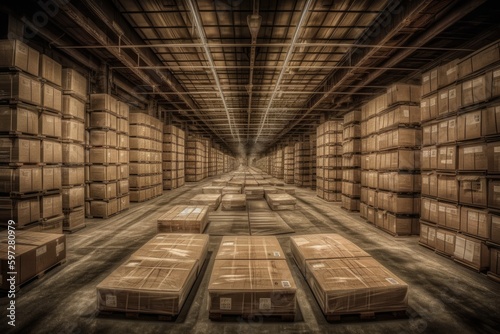 Warehouse Interior Filled with Piles of Cardboard Boxes and Shipping Containers. Generative AI