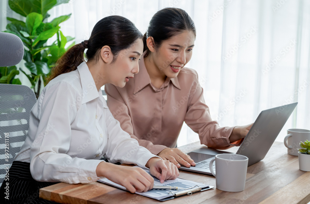 Two young office lady colleagues collaborating in modern office ...