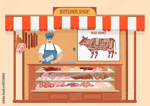 Butcher Shop. Meat Man Seller. Store shelves with pork meat, veal and ham, salami slices, sausage, bacon and beef. Fresh steak.