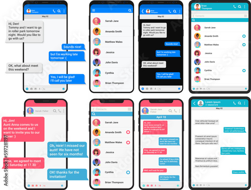 Social network concept. Chating phone and pad table screen templates set. Messenger window. Chating and messaging concept mock up for any ui presentation