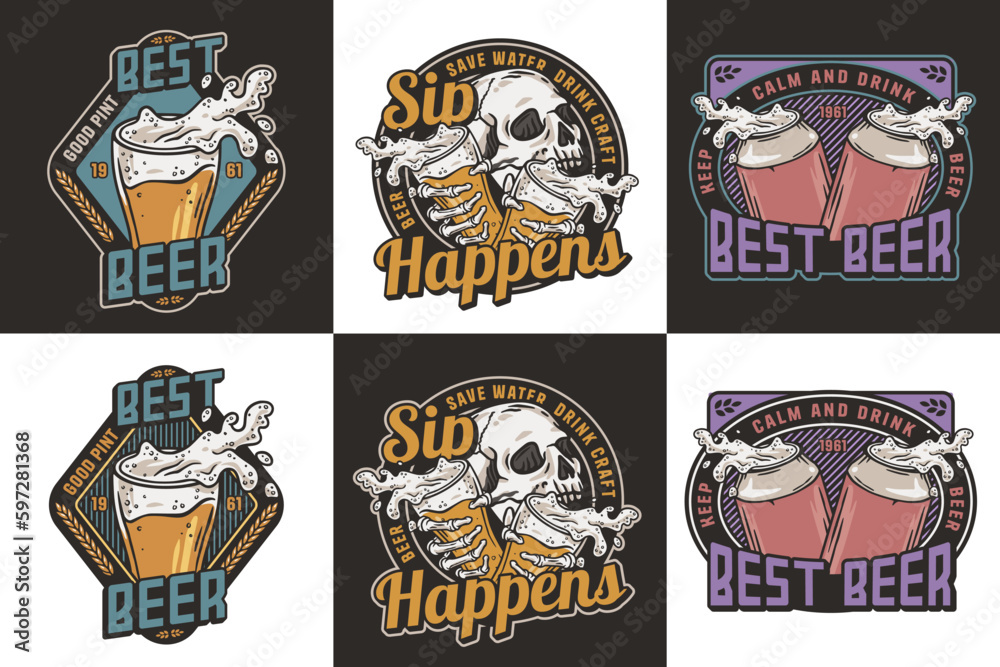Beer set of emblems with skull and beer can. Skeleton with beer glass in bone hands for brewery or bar. Craft beer vector logo for pub and store