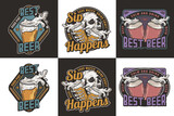 Beer set of emblems with skull and beer can. Skeleton with beer glass in bone hands for brewery or bar. Craft beer vector logo for pub and store