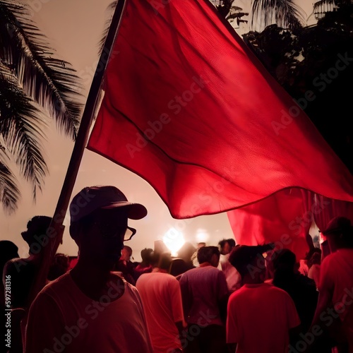 Workers' Party of Brazil, vibrant crimson banner soaring, bearing the emblem of a white gear encasing a red star, a symbol of unity and struggle. Carnival-filled streets of Rio de Janeiro, cobblestone photo