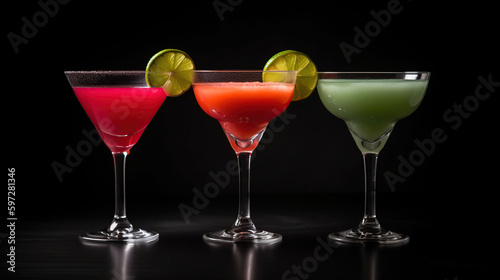Glasses of tasty daiquiri cocktail on dark background, generative ai