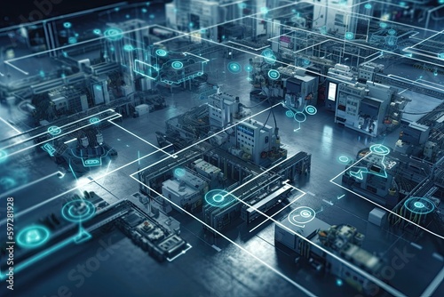 ultra-modern factory that embodies the concept of Industry 4.0, showcasing the integration of advanced technologies to optimize efficiency, and sustainability. Created using Generative AI.