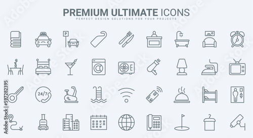 Hotel hospitality, reception thin line icons set vector illustration. Abstract outline breakfast food in restaurant and taxi transfer to airport, parking and facilities, bedroom furniture and room key