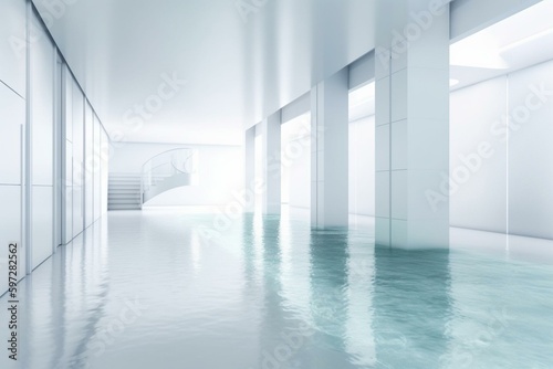 Sleek white future interior w/ glossy gradient water wall & floor. 3D illustration. Generative AI