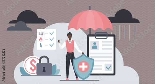 Insurance business agreement, life and health protection. Support, help and emergency medical care in case of accident and disaster damage, person with umbrella and shield flat vector illustration