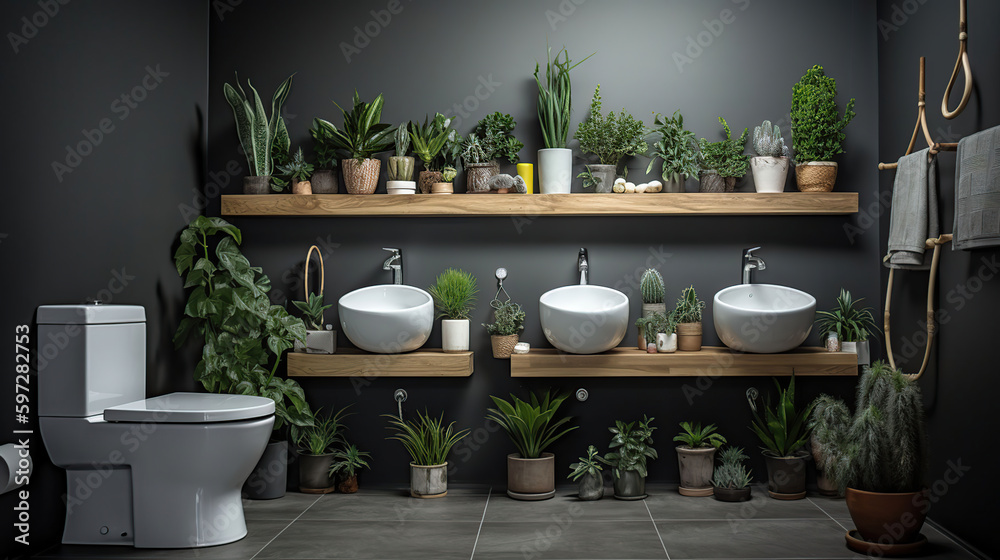Interior of restroom with toilet bowl, shelving unit and houseplants, generative ai