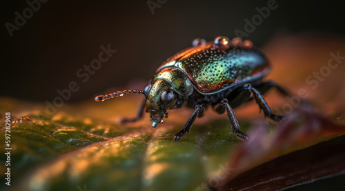 Macro photograph of tiny beetle perched on leaf. © mxi.design