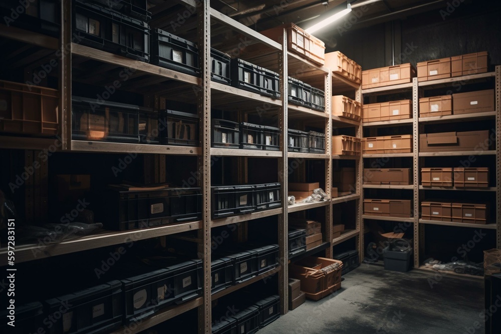 Storage shelves and boxes: logistic concept. Generative AI