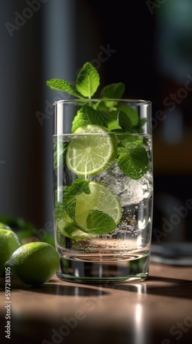 Mojito with Lime Wedge and Mint Sprig. Generative AI.