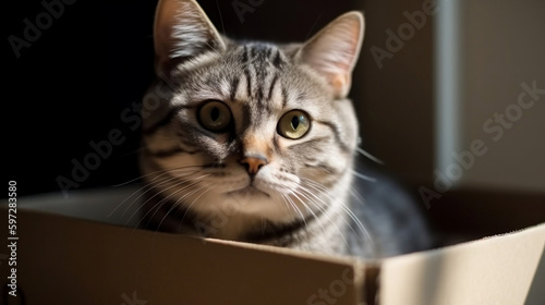 Cute grey tabby cat in cardboard box on floor at home, Generative Ai © oldwar