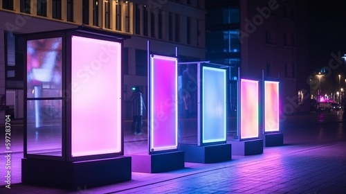 illustration, exhibition stand on the streets at night with neon light, ai generative