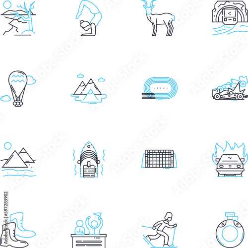 Adrenaline-fueled travel linear icons set. Thrill, Adventure, Excitement, Risk, Adrenaline, Rush, Intensity line vector and concept signs. Action,Explore,Extreme outline illustrations Generative AI