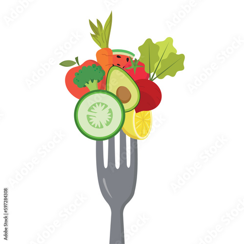 Isolated fork with different fruits and vegetables Vector