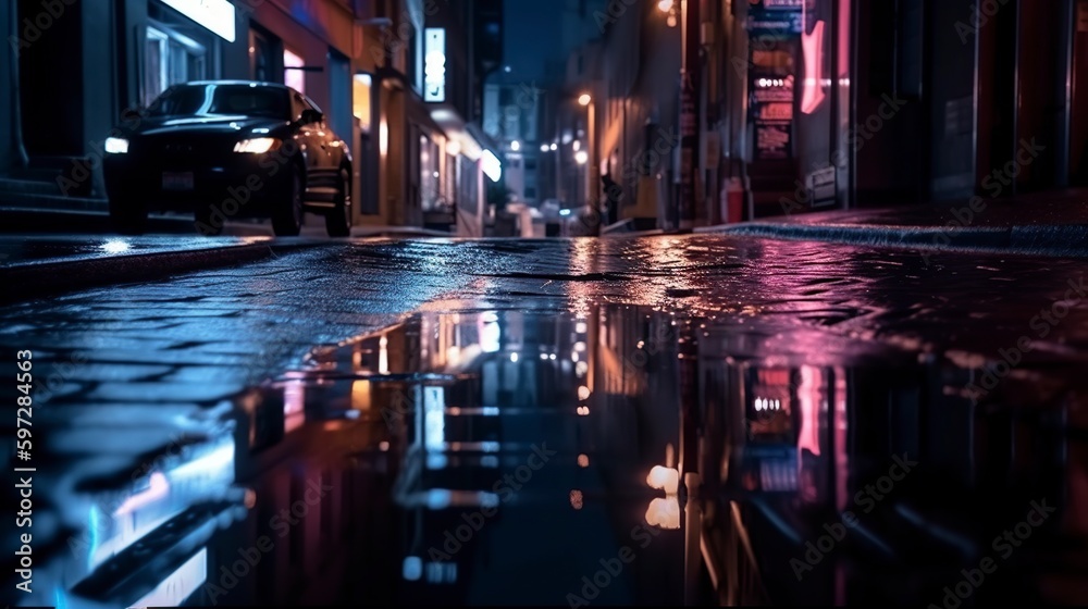 illustration, a reflection of the dark street on the wet pavement, ai generative - obrazy, fototapety, plakaty 
