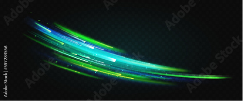 Azure blue green light abstract effect, curve shape neon speed motion vector illustration. Magic bright shine glow of energy lines, shiny swirl power waves flow, electric trail glowing dark background