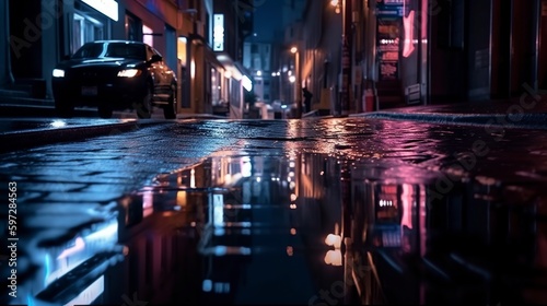 illustration, a reflection of the dark street on the wet pavement, ai generative
