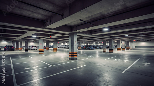 Empty shopping mall underground parking lot or garage interior with concrete stripe painted columns, generative ai
