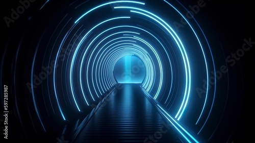 illustration, tunnel corridor with rays of light, ai generative.