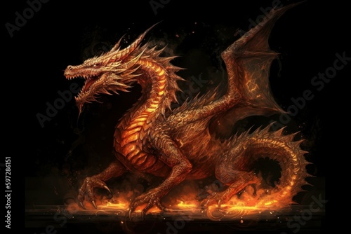 Dragon from fire on black background. Dragon drawn by fire. Flame with dragon silhouette. AI generated  human enhanced
