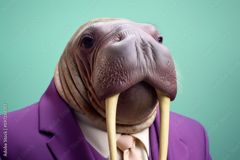 Anthropomorphic walrus dressed in a suit like a businessman. Business Concept. AI generated, human enhanced - obrazy, fototapety, plakaty 