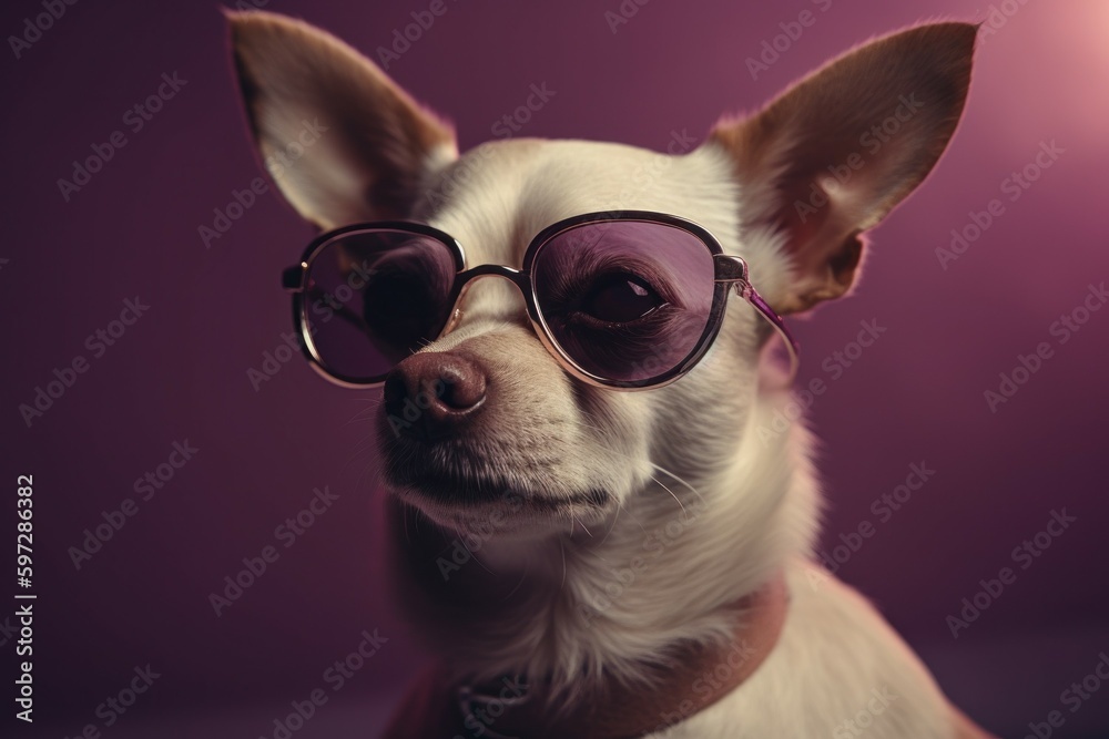 Funny cute dog in sunglasses with happy emotion. AI generated, human enhanced
