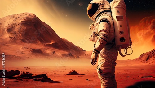 astronaut looking at a giant dormant volcano on mars. generative ai