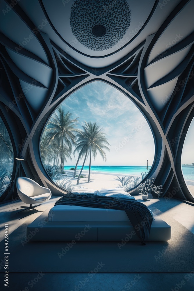 Obraz premium bedroom of a parametric futuristic luxury villa on the shore of the beach, palm trees and coconut trees around, deep blue skyline, very cozy lighting.. generative ai