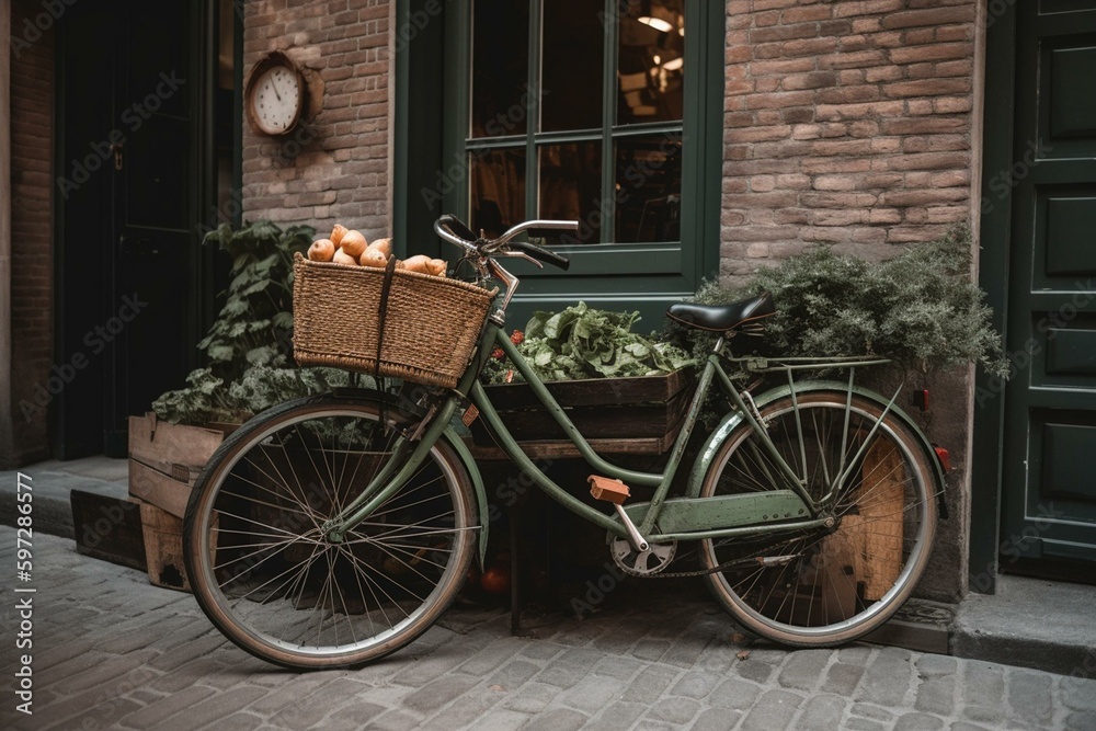 A painted bicycle with a front basket filled with veggies parked next to a brick building with a door and window. Generative AI