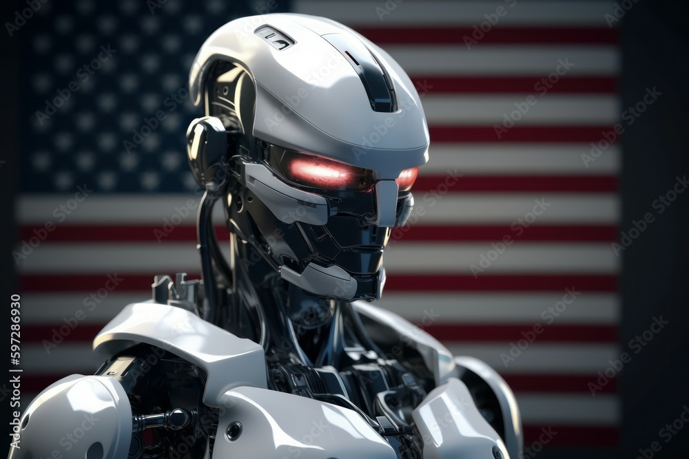 A robot with artificial intelligence on neural networks on a blurred background of the US flag. AI generated A robot with artificial intelligence on neural networks on a blurred background of the US flag. AI generated