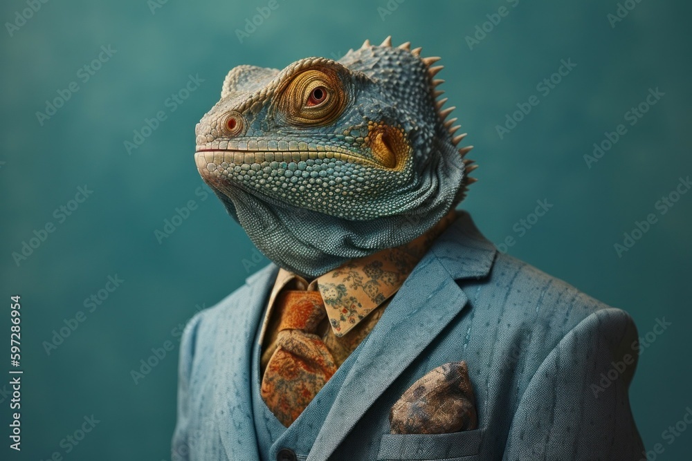 Anthropomorphic chameleon dressed in a suit like a businessman. business concept. AI generated, human enhanced