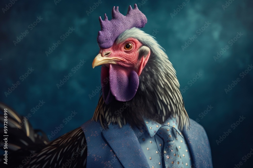Anthropomorphic rooster dressed in a suit like a businessman. Business Concept. AI generated, human enhanced