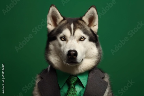 Anthropomorphic husky dressed in a suit like a businessman. Business Concept. AI generated, human enhanced