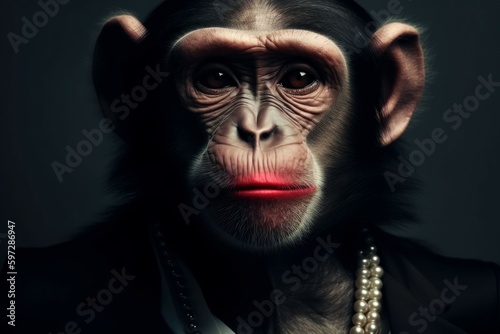 Anthropomorphic funny monkey with lipstick painted lips. AI generated, human enhanced