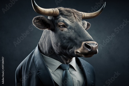 An anthropomorphic bull dressed in a business suit like a boss. AI generated, human enhanced © top images