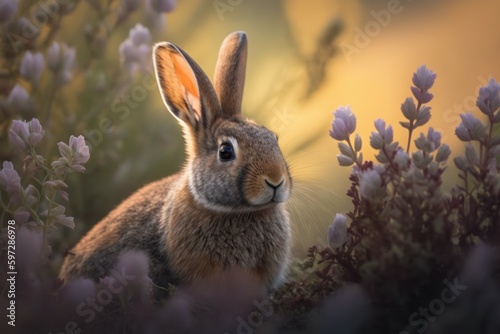 Cute rabbit in nature in natural habitat. AI generated, human enhanced