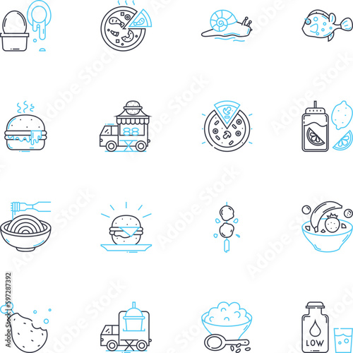 Quality grocer linear icons set. Freshness, Community, Variety, Sustainability, Organic, Locally-sourced, Convenience line vector and concept signs. Flavor,Health,Authentic outline Generative AI