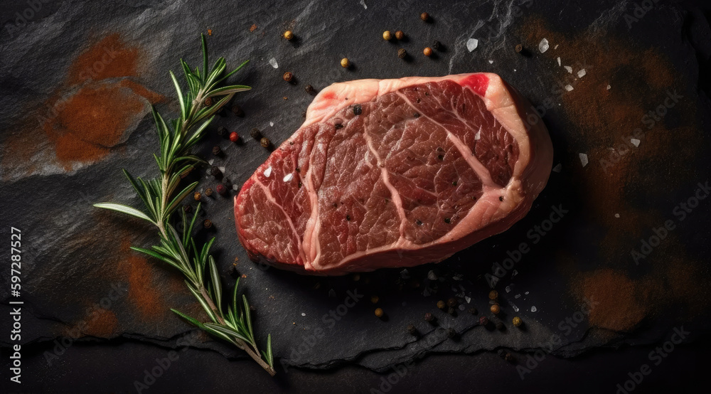 Big Slate Background with Raw Steak on Top Right