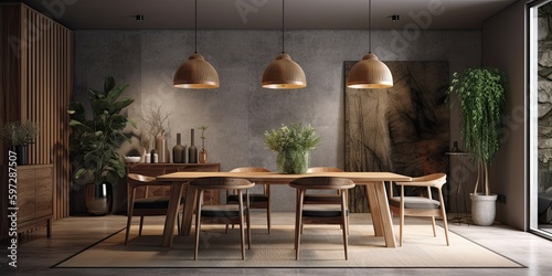 open plan living room with contemporary dining table and brown leather chairs Generative AI