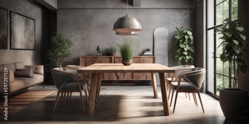 open plan living room with contemporary dining table and brown leather chairs Generative AI