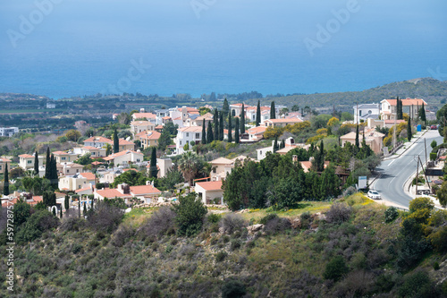 Tala, Cyprus - Green rocky mountains and white houses of the village
