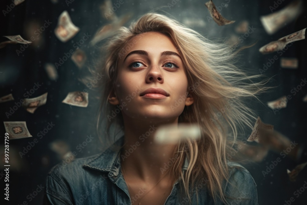 The concept of financial freedom and business success. Money falls on your head. AI generated, human enhanced The concept of financial freedom and business success. Money falls on your head. AI generated, human enhanced