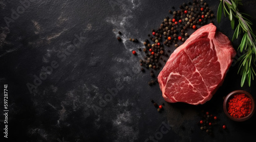 Big Slate Background with Raw Steak on Bottom Left