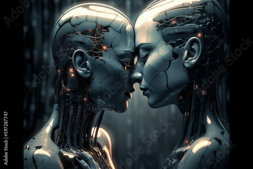 Two robots show each other feelings. Love robots concept. AI generated  human enhanced